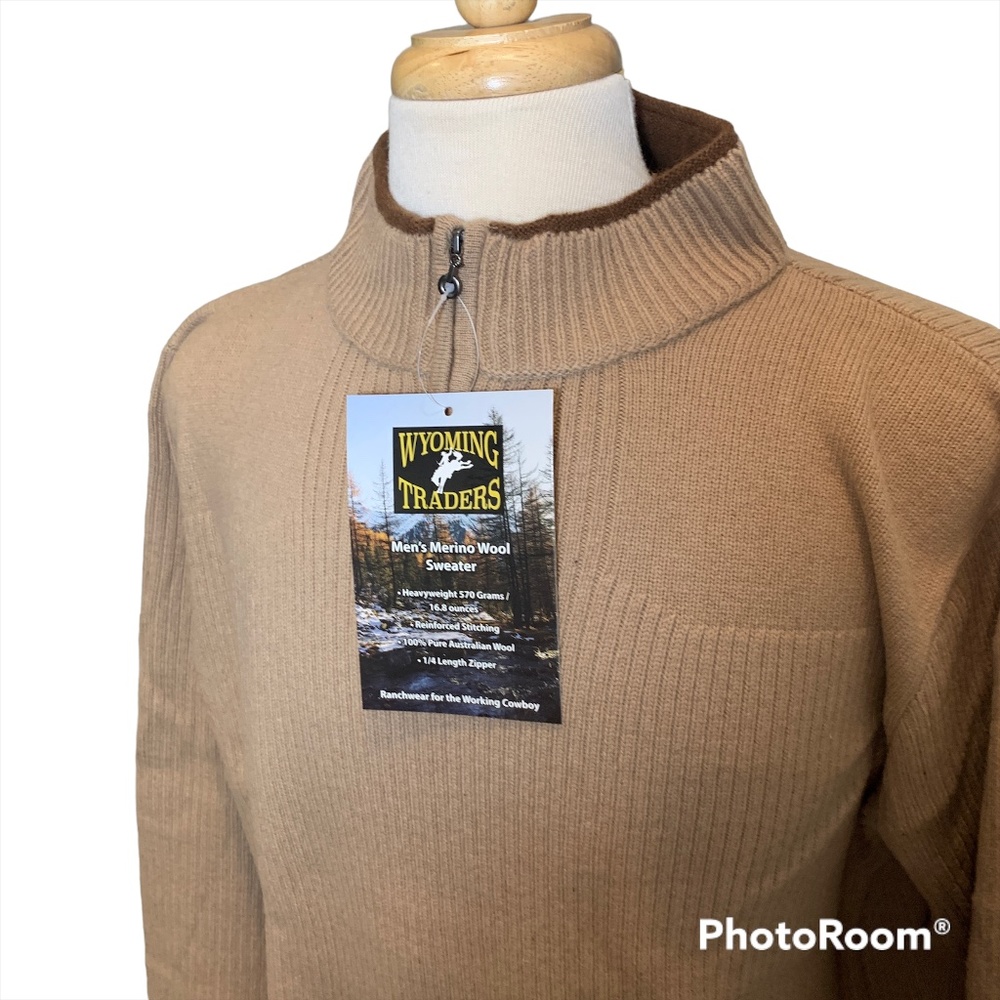 Wyoming Traders Mens Australian Merino Wool 1/4 Zip Sweater- Tan